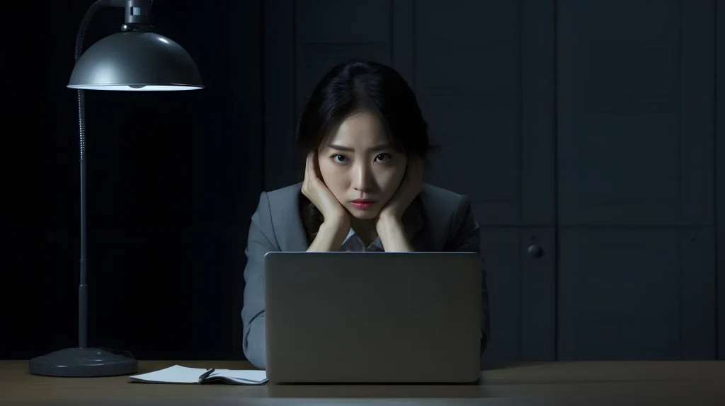 Seorang pekerja terlihat stres dan lelah di depan laptopnya.