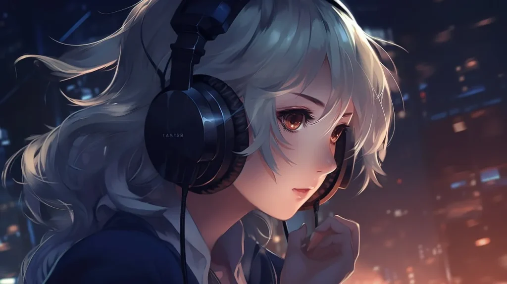 Seorang wanita sedang menonton anime di laptop sambil menggunakan headphone.